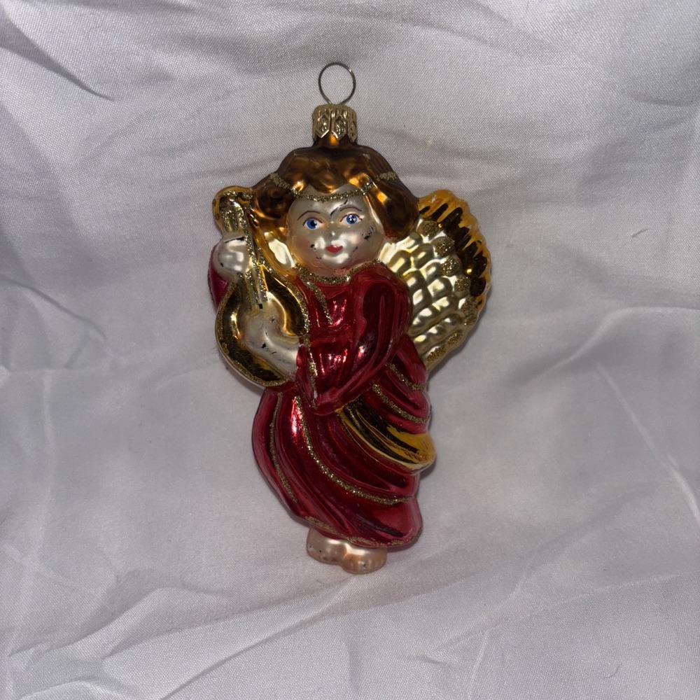 Glassware Art Studio Angel With Instrument Christmas Ornament